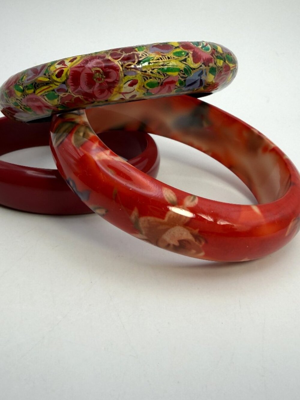 3 Floral Red Burgundy Bangle Bracelets Stackable Slip On Costume Jewelry Lot